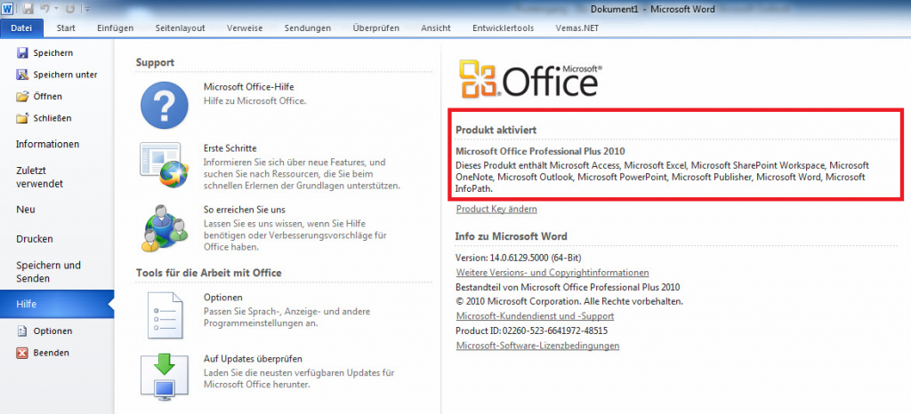 Office 2010 mit KMSPico Activator aktiviert
