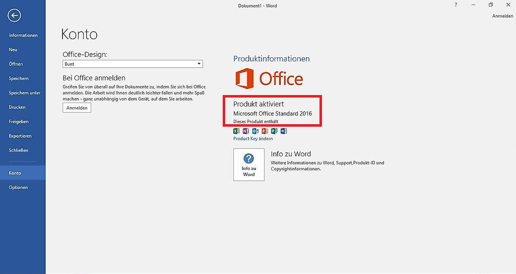 Microsoft Office 2016 mit Product Key aktiviert