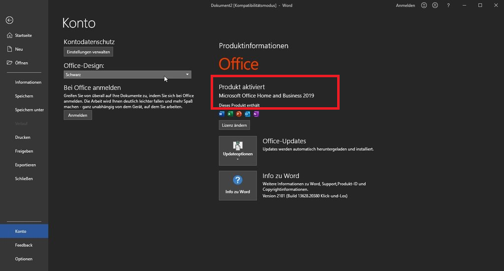 Microsoft Office 2019 mit Product Key aktiviert