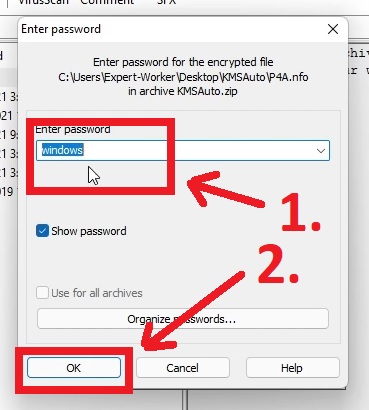 Password for unzip - windows